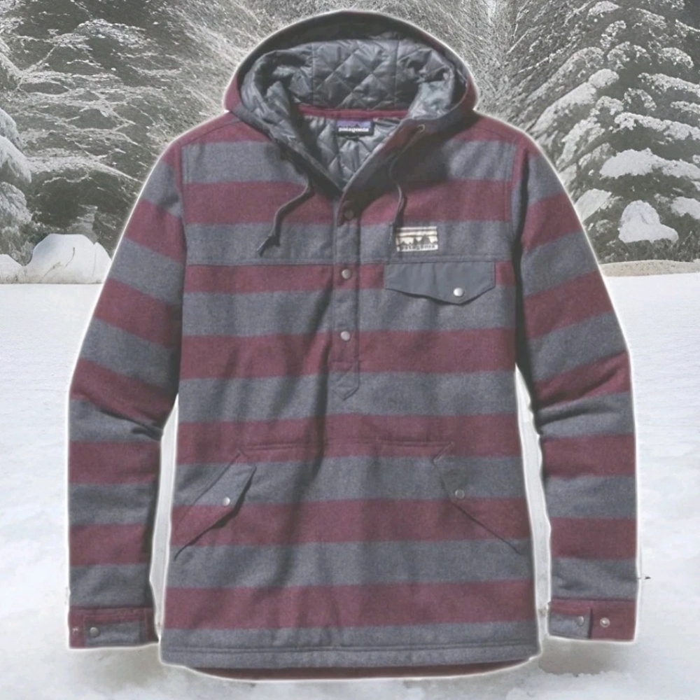 Patagonia Wool T Snap Pullover Jacket Red Gray Striped Quilted Lined Hooded XS